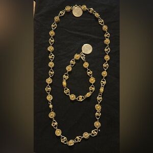 Vintage Necklace And Bracelet Monogram Filigree Bead And Faux Pearl Gold Tone